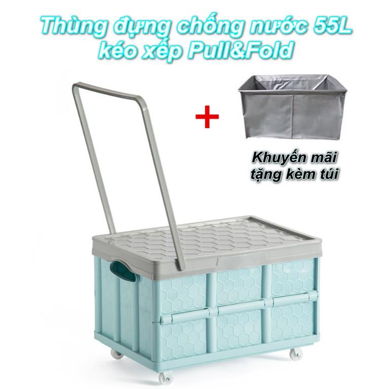 Thùng đựng đồ 55L đi du lịch vận chuyển hàng xếp gọn dạng kéo chống nước Pull&amp;Fold Japan tặng túi chống thấm nước