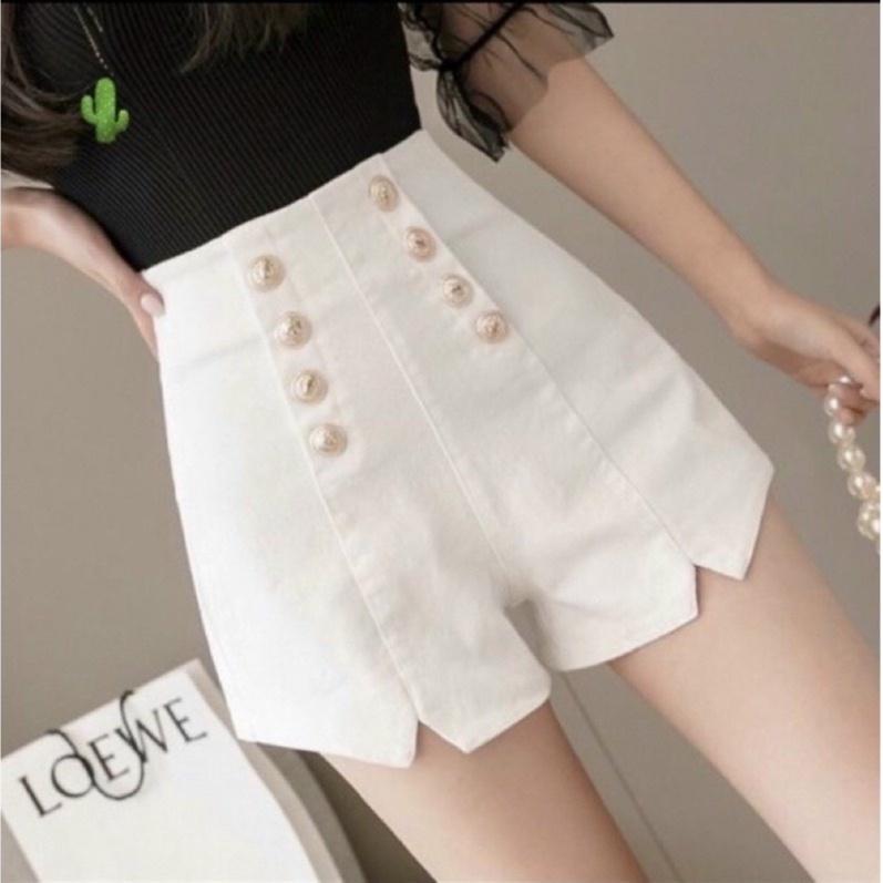 [L2M] Quần short nữ lưng cao tôn dáng PHỐI 8 NÚT xẻ đùi chất kaki co giãn thoáng mát - Đen