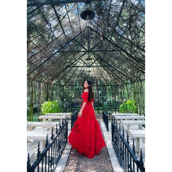 HOANGYEN - Fly Dress voan đỏ bẹt vai phối bèo