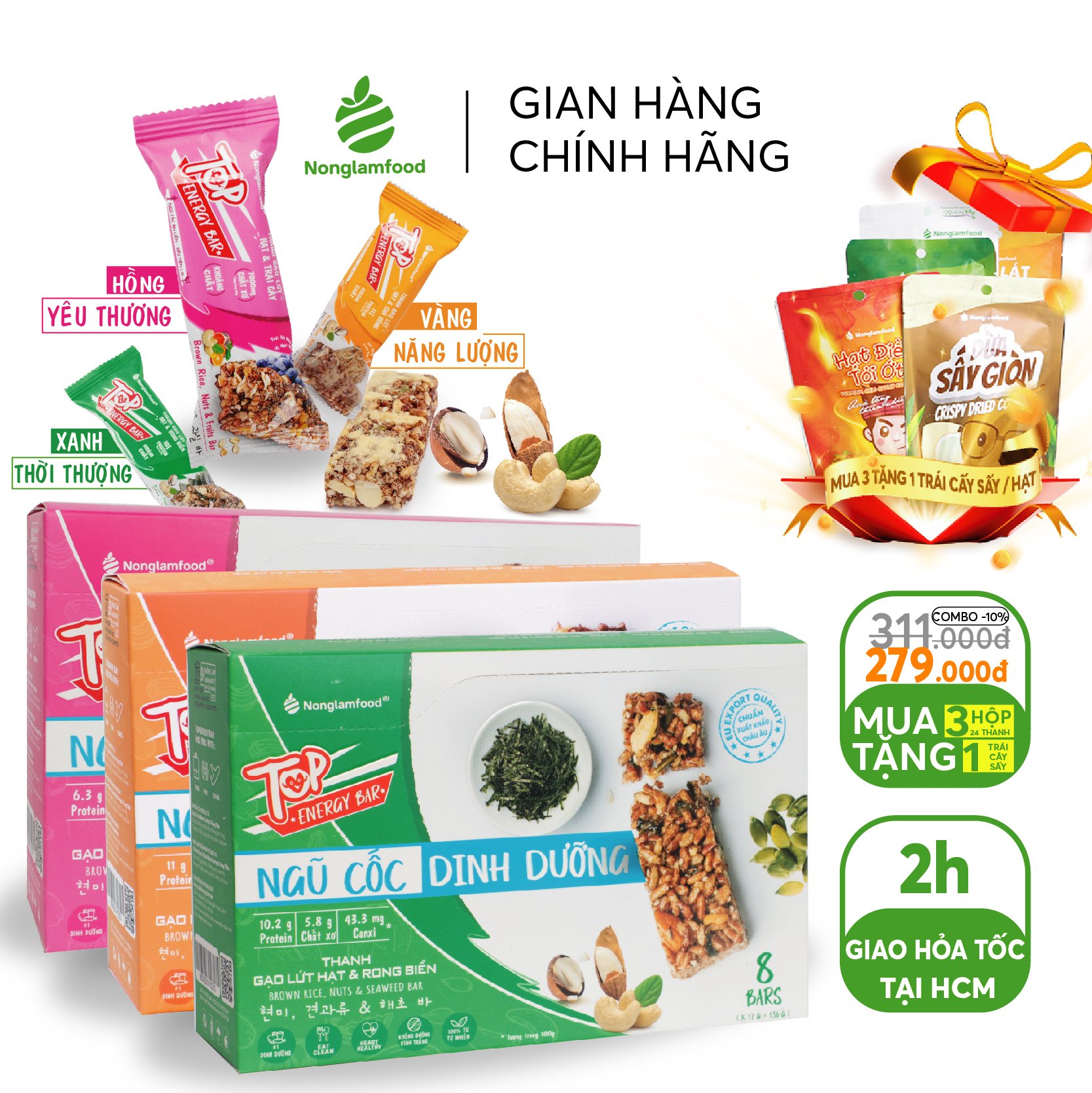 [EAT CLEAN] Combo 3 hộp thanh gạo lứt ngũ cốc Top Energy Bar 3 vị hộp 136g 8 thanh (Chà bông/ Rong biển/ Trái cây) Nonglamfood | Ăn lành mạnh - Ngon chuẩn dưỡng chất