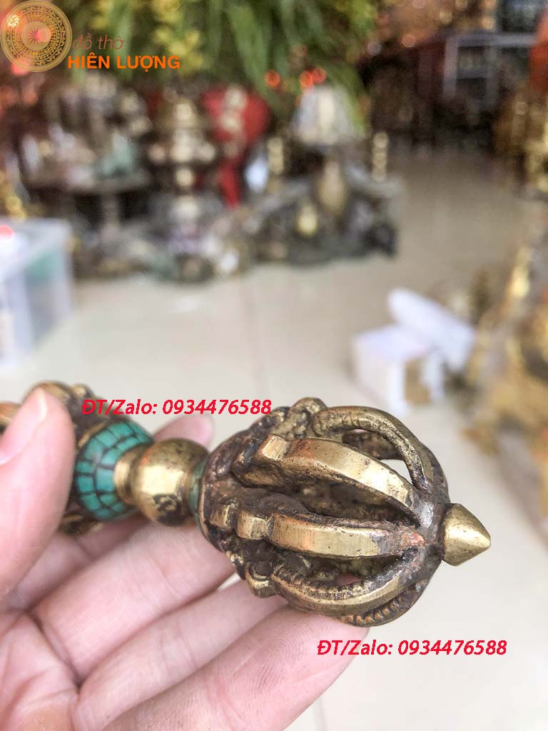 Chày Kim Cang 02 Màu Xanh Đỏ Bằng Đồng Kích Thước 12x3,5cm - Pháp Khí Mật Tông