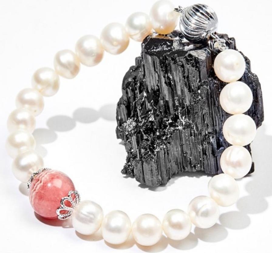 Vòng Tay Ngọc Trai Trắng Đá Đào Hoa Rhodochrosite Tự Nhiên 8MM