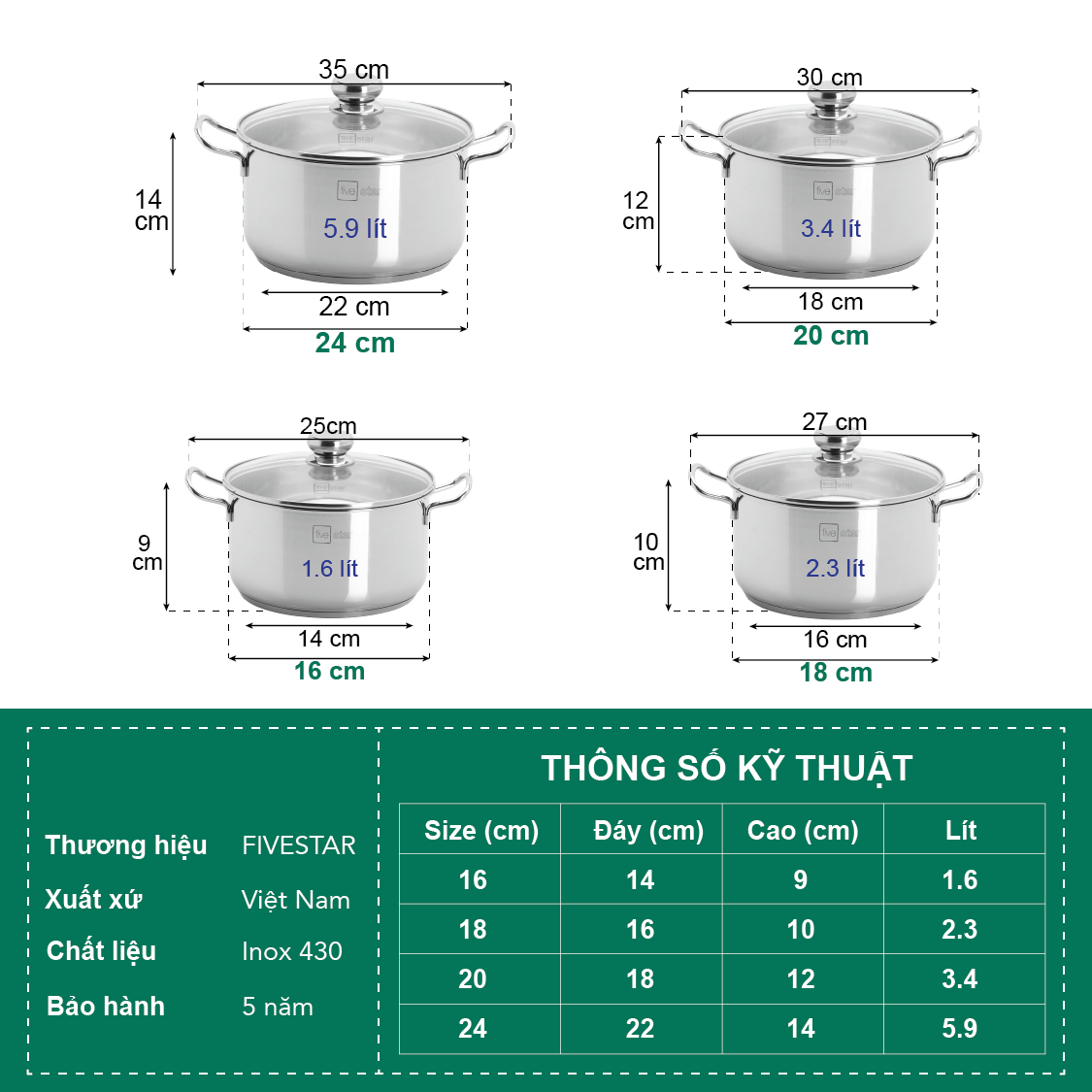 Bộ Nồi Inox Xửng Hấp Và Chảo Chống Dính Fivestar