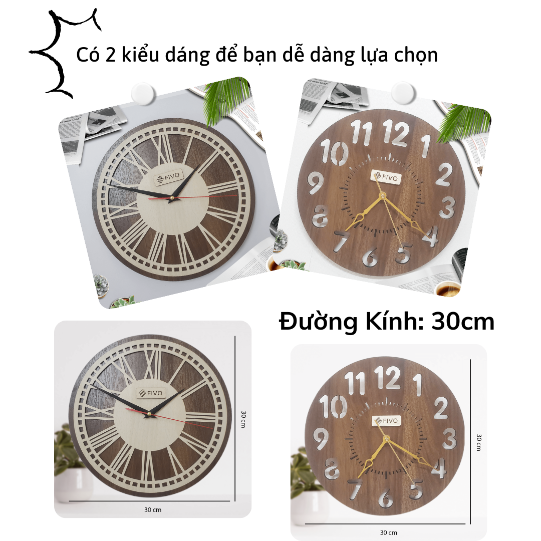 Đồng Hồ Gỗ Treo Tường Decor Trang Trí, Thiết Kế Kết Hợp Giữa Cổ Điển Và Hiện Đại Thương Hiệu FIVO Mẫu FW04 Tạo Điềm Nhấn Cho Ngôi Nhà Bạn