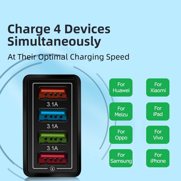 Củ sạc 4 cổng USB có đèn Led cho điện thoại iphone, samsung, oppo, huawei