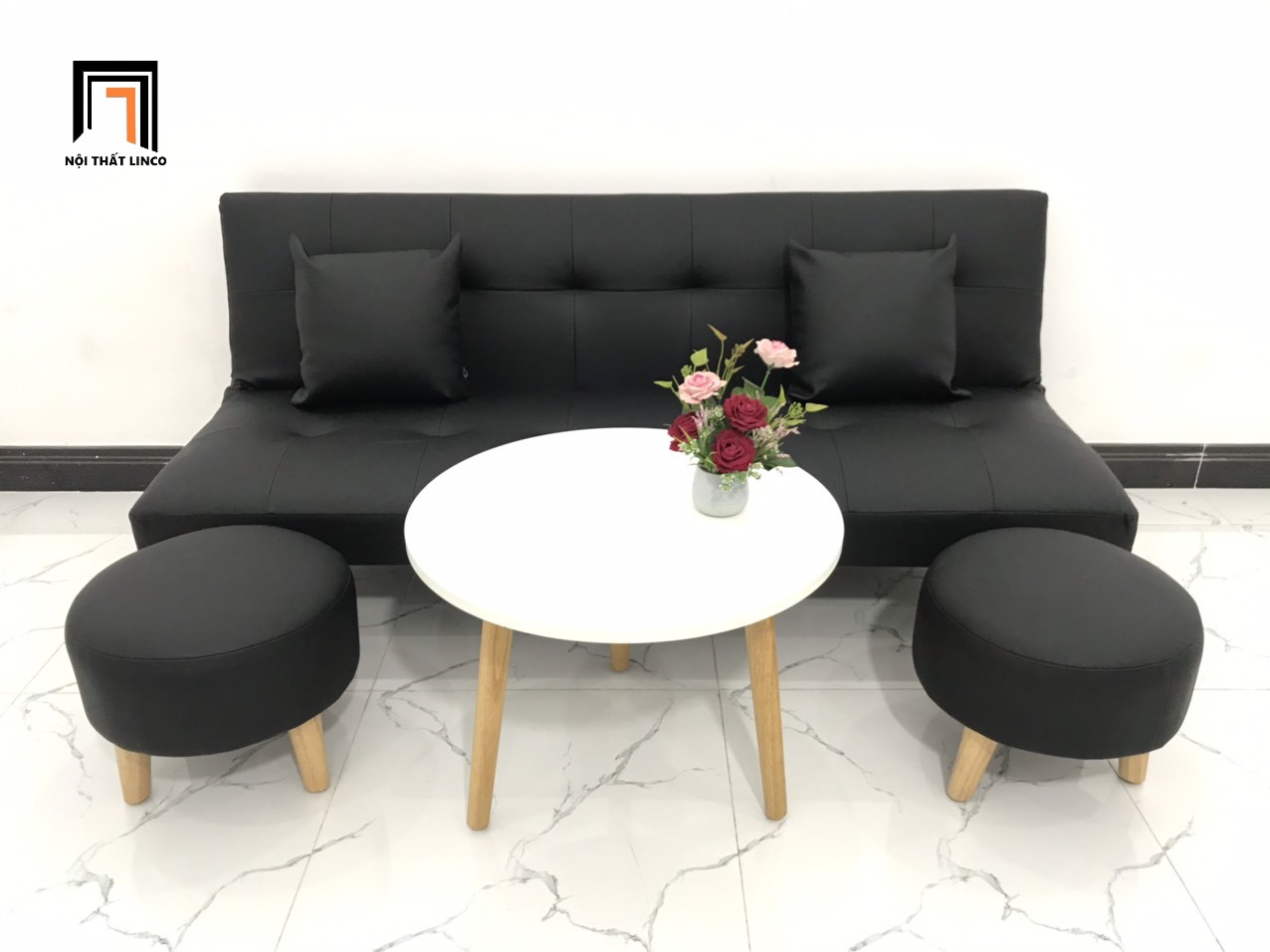 Bộ ghế sofa giường đa năng màu đen simili giả da nhiều kích cỡ
