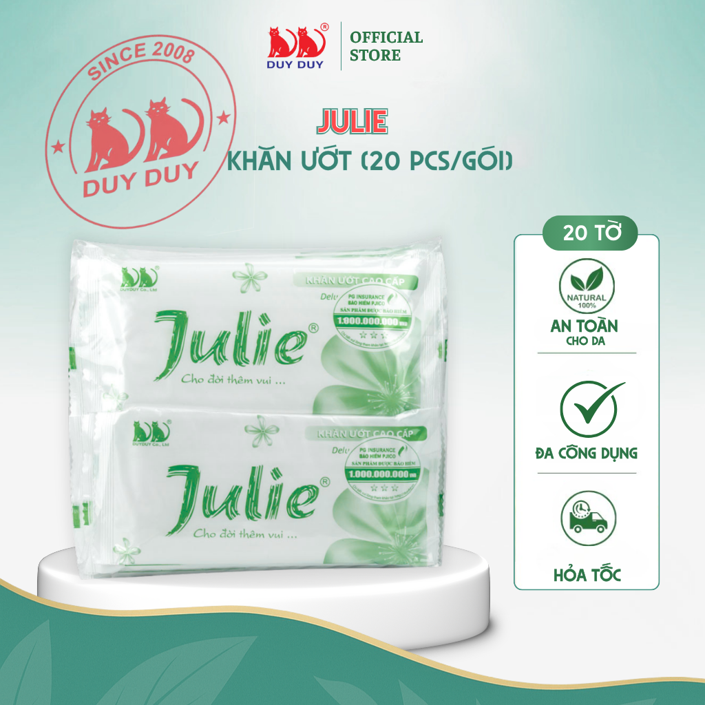 Combo Khăn lạnh dùng một lần Julie xanh lá vải bi 20 cái (20x24cm) hương hoa hồng không hóa chất dùng một lần tiện lợi