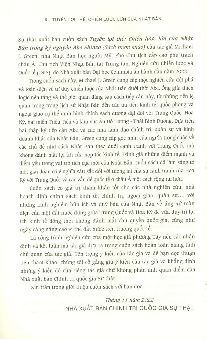 TUYẾN LỢI THẾ CHIẾN LƯỢC LỚN CỦA NHẬT BẢN TRONG KỶ NGUYÊN ABE SHINZO – Michael J. Green – NXB Chính trị Quốc gia sự thật (bìa mềm)