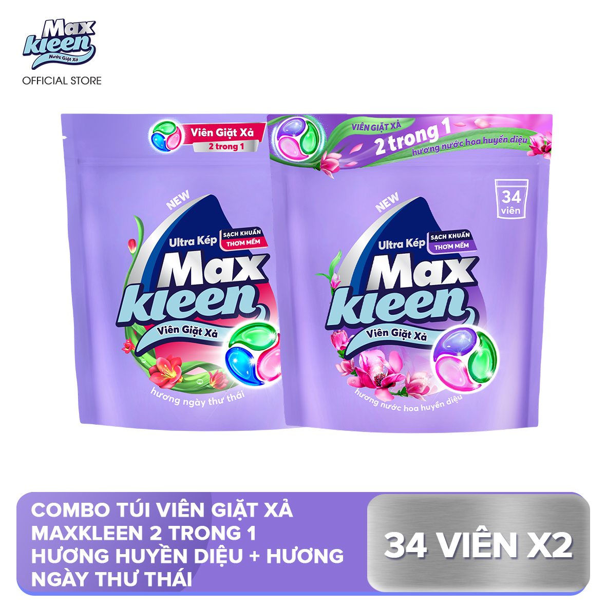 Combo 2 Túi Viên Giặt Xả MaxKleen Hương Huyền Diệu + Hương Ngày Thư Thái (34 viên/túi)