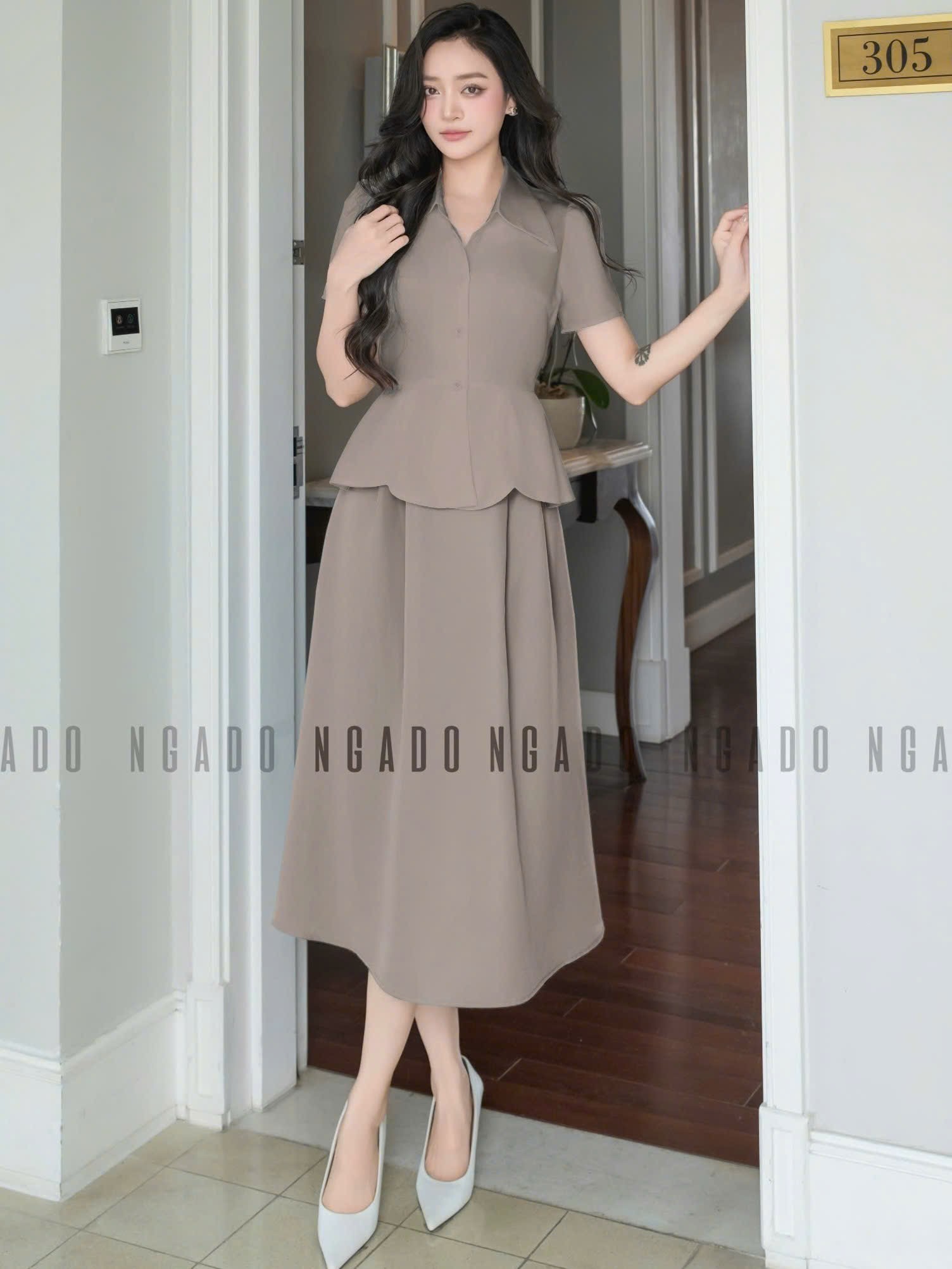 Set áo váy peplum nâu NGADO , set áo váy dài , set áo váy kiểu Nữ