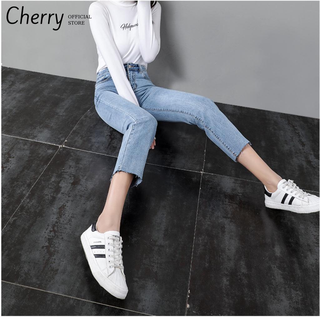 Quần jean nữ ống đứng dáng lửng co giãn cao cấp phong cách Hàn Quốc, quần bò nữ ống ngắn suông có co giãn CHERRY T030