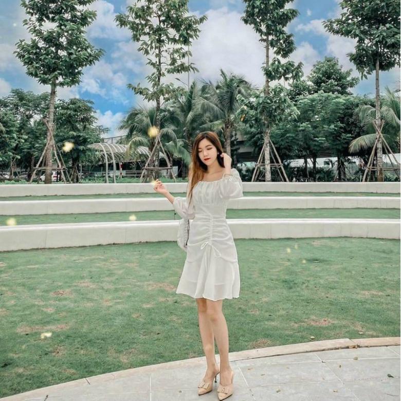 Váy cổ vuông nhún ngực tay dài xinh tươi ivy.fashion đi biển dự tiệc dạo phố bigsize gợi cảm sexy