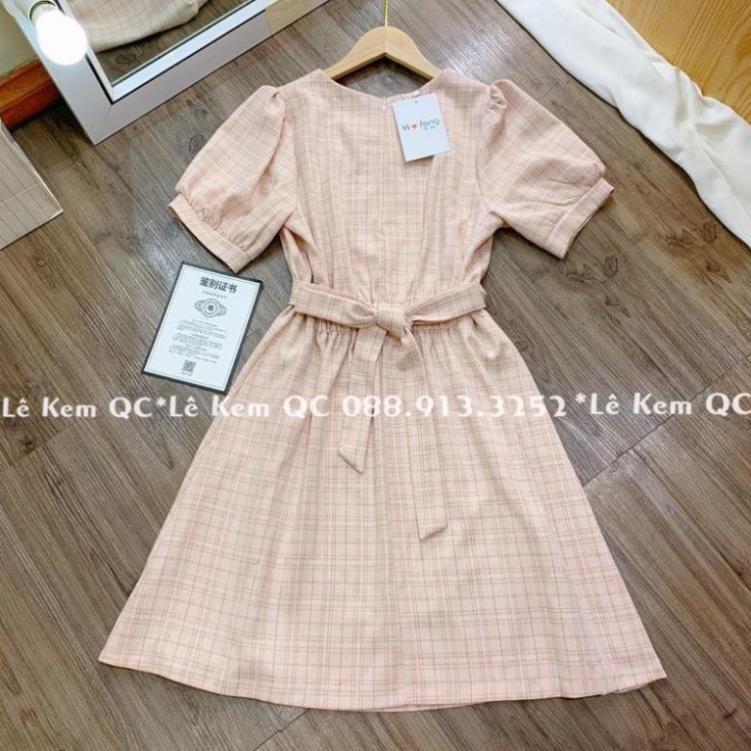 Váy Kẻ Caro Váy Cổ Vuông Tay Bồng Vintage Có Thắt Eo ! *
