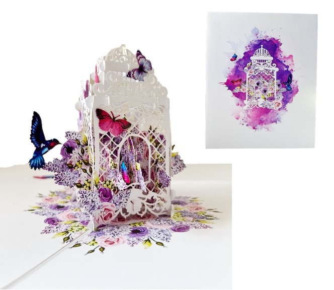 A06 -  Thiệp 3D Lồng Hoa &amp; Bướm Tím – Pop Up Card Viethands Giftshop