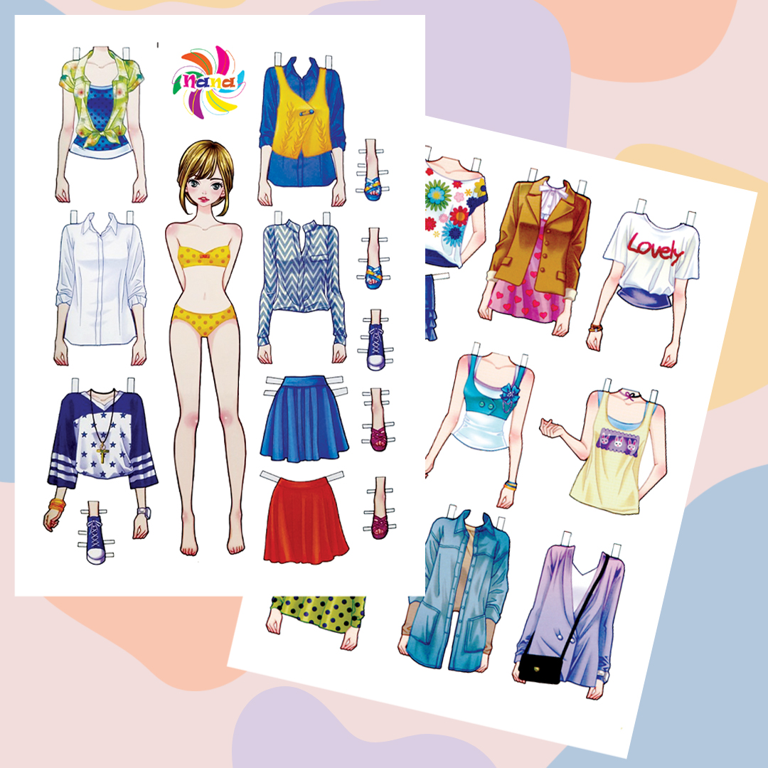 Búp bê giấy (paper doll)  thay đồ phong cách Hàn Quốc giấy cắt thủ công cho bé Combo 6 hình siêu đáng yêu BBG0020