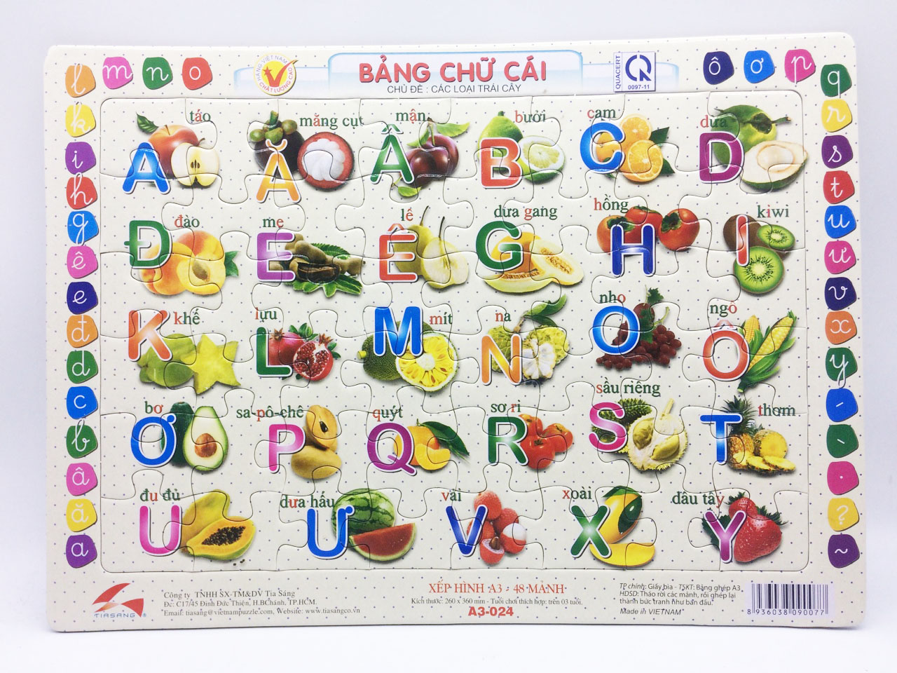 Bộ 2 tấm xếp hình Số  và chữ cái Tiếng Việt, Xếp hình 48 mảnh. Tia Sáng Việt Nam. Đồ chơi trí tuệ cho bé trên 3 tuổi. Chứng nhận chất lượng tên chủng loại: Xếp hình số mảnh ghép lên đến 250 mảnh. Ký hiệu: Xếp hình.