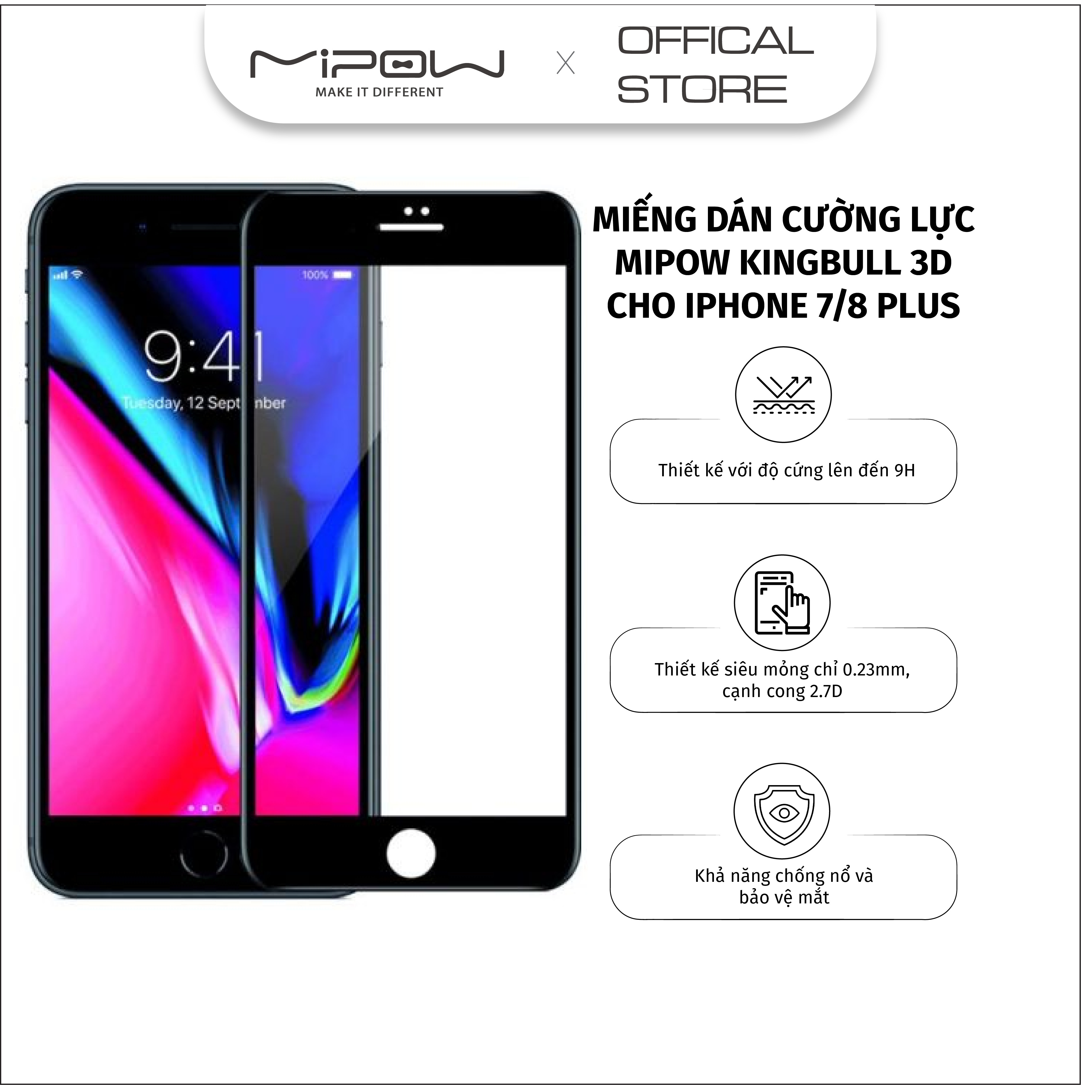 MIẾNG DÁN CƯỜNG LỰC MIPOW KINGBULL 3D CHO IPHONE 7/8 PLUS - HÀNG CHÍNH HÃNG