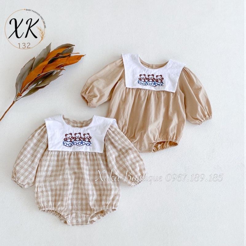 Bodysuit Dài Tay Cổ Yếm Thêu Gấu Bé Gái Cao Cấp - Body Chip Thêu Gấu Hàn Quốc Bé Gái