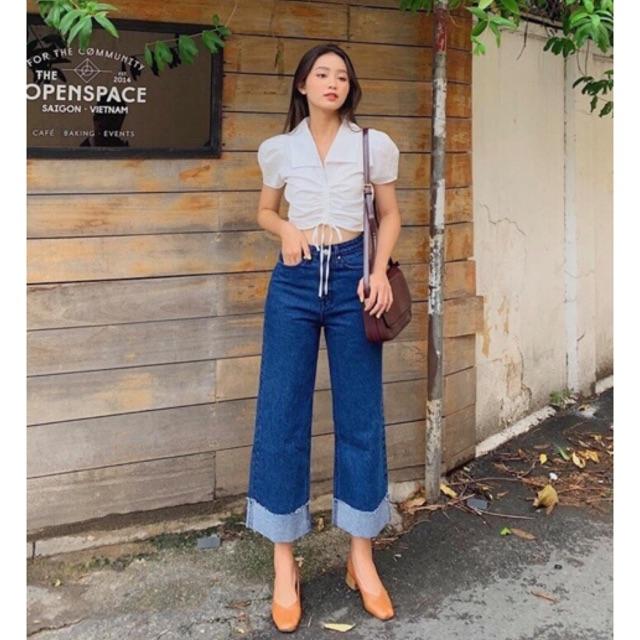 QUẦN JEANS ỐNG RỘNG GẤP ỐNG LƯNG CAO