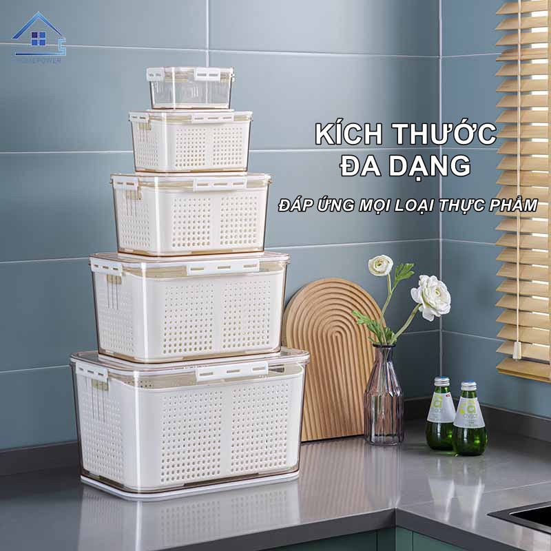 Hộp nhựa đựng thực phẩm tủ lạnh 2 lớp Homepower ghi chú thời gian bảo quản thông minh kèm rổ thoát nước tiện lợi - Cao cấp