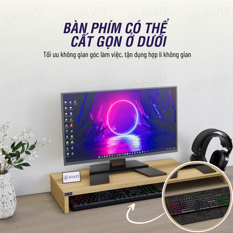 Kệ Máy Tính Gỗ Để Bàn FIVO FB25 Gỗ Dày Chống Ẩm, Gọn Gàng Góc Làm Việc, Nâng Chiều Cao Màn Hình, Bảo Vệ Đốt Sống Cổ