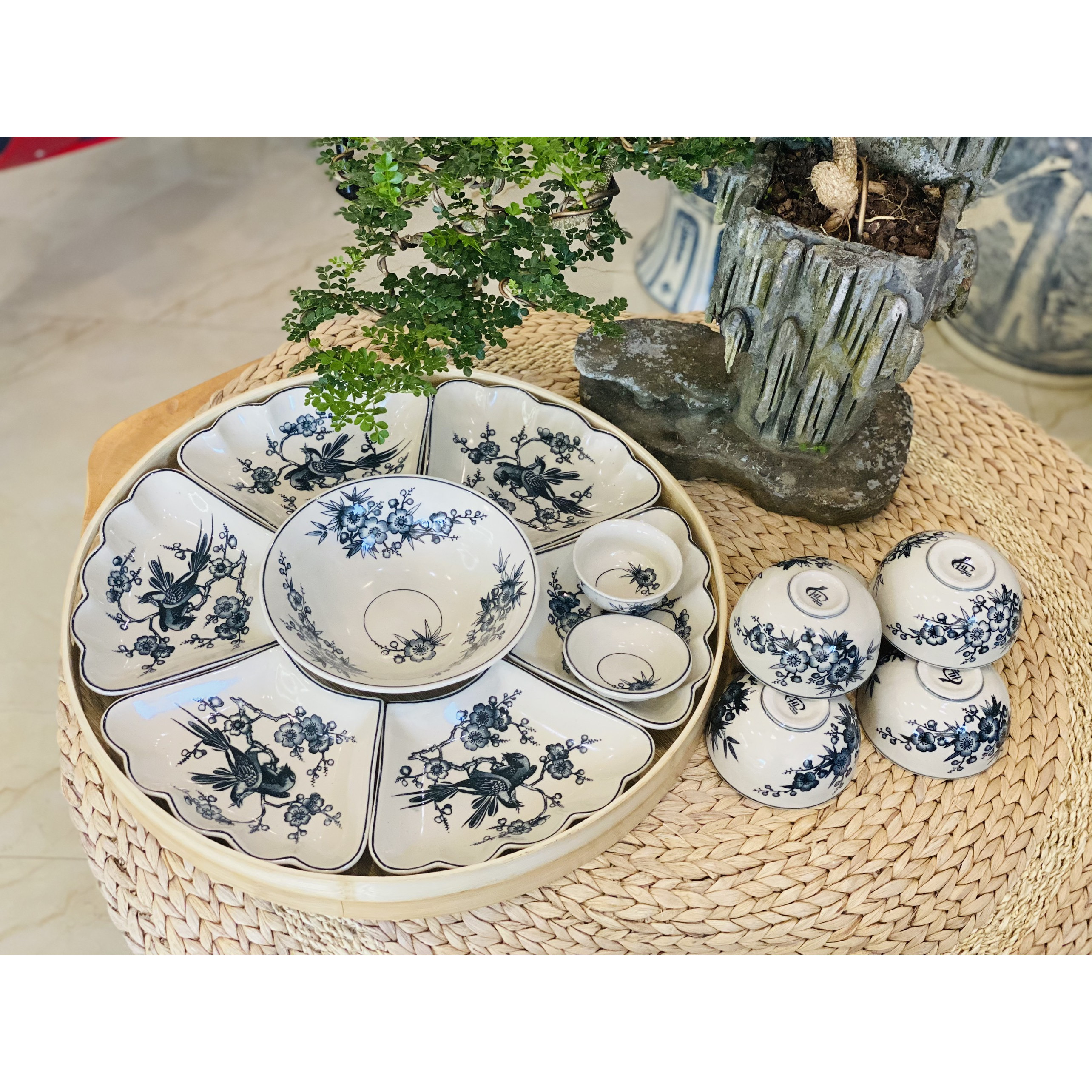 BỘ BÁT ĐĨA GIẢ CỔ HOẠ TIẾT CHIM ĐÀO