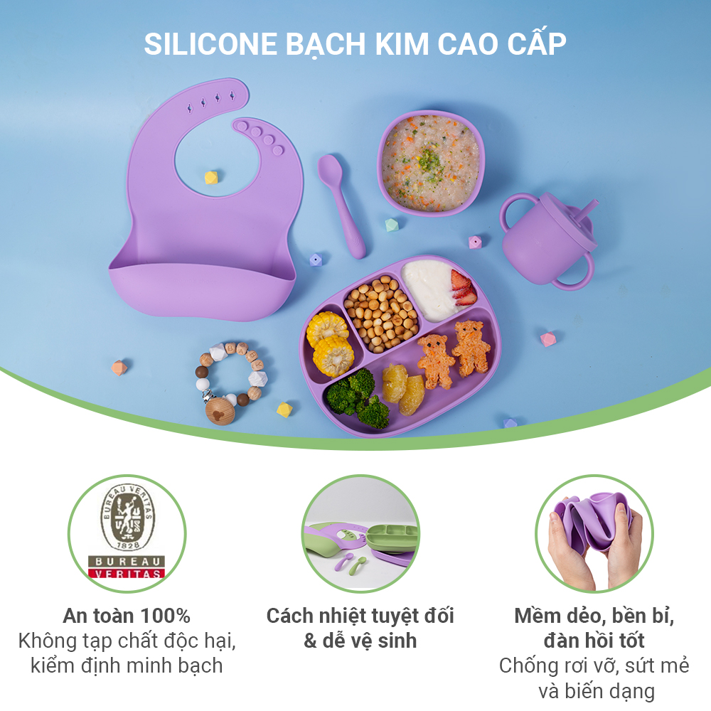 Bộ Ăn Dặm Cho Bé Thương Hiệu Mama's Choice, Combo Ăn Dặm Bát-Khay-Yếm-Thìa-Cốc Silicone Cao Cấp