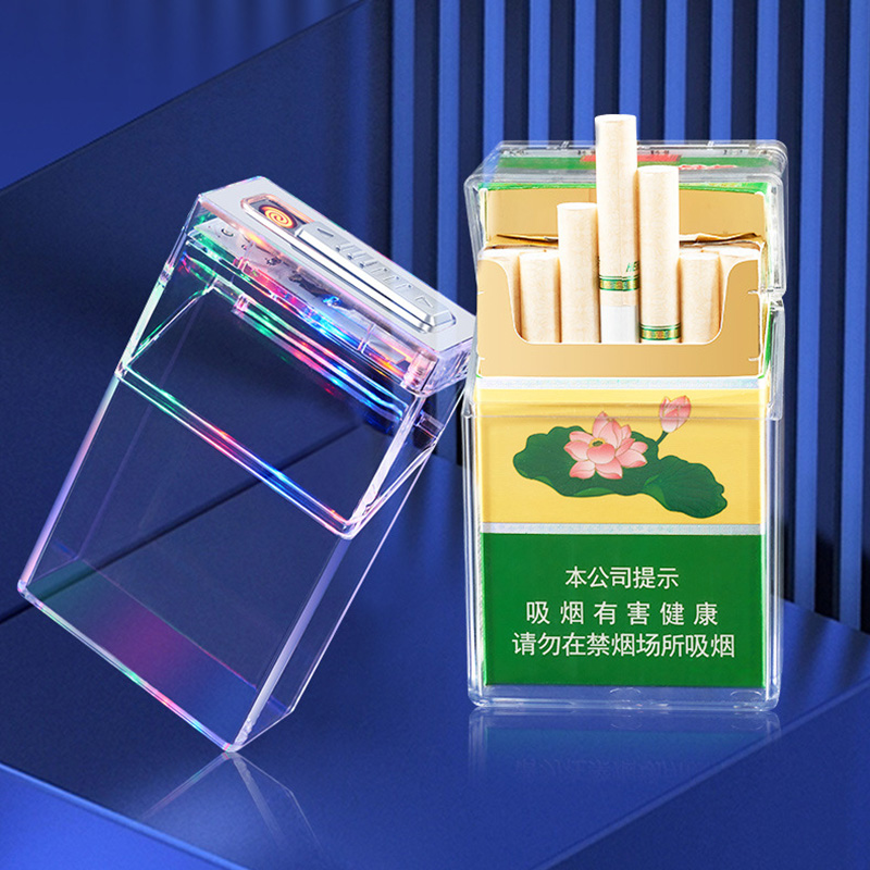 Bật Lửa Điện Kiêm Hộp Đựng Thuốc 20 Điếu Trong Suốt Nhiều Màu Có Đèn - Sạc Điện
