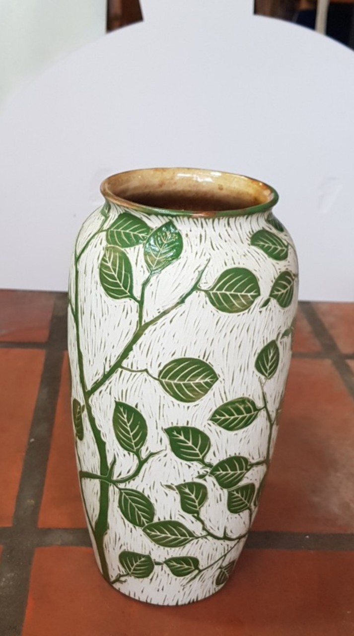 Bình hoa dạng ống tròn, họa tiết cây lá xanh men nhám thô, cao 28cm, trang trí nhà cửa, quà tặng tân gia, sinh nhật, gốm Bát Tràng. Giao từ HCM