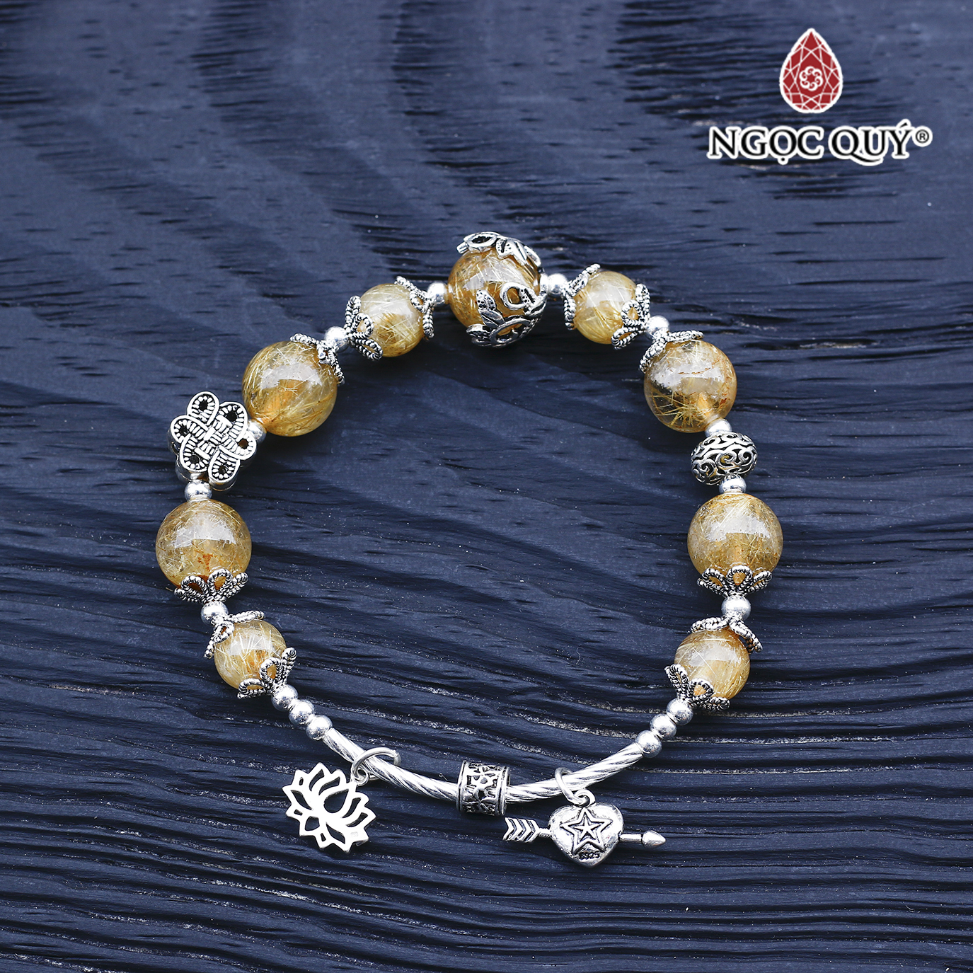 Vòng thạch anh tóc vàng phối lu thống charm bạc hạt 8mm mệnh thủy, kim - Ngọc Quý Gemstones