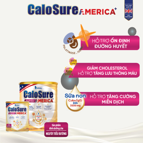 Sữa bột CaloSure America+ lon 800g - Tăng cường miễn dịch và sức khoẻ tim mạch, Bữa ăn bổ sung hợp lý cho người bệnh tiểu đường
