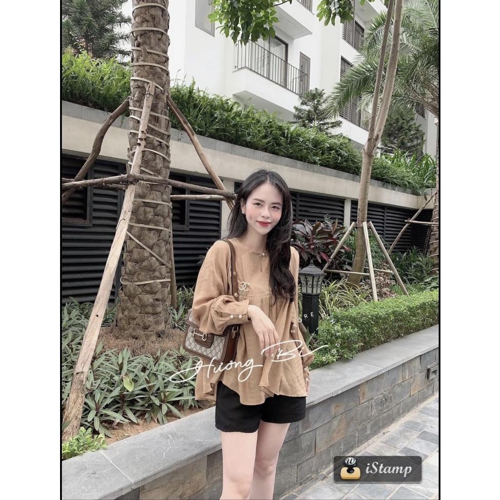 Sét áo babydoll thụng nâu xoè mix quần sooc đen trơn