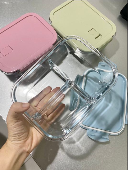 Bộ Hộp Cơm Thủy Tinh 3 Ngăn Cao Cấp - Kèm Túi Xách , Bát Tròn đựng canh và Đũa Thìa inox