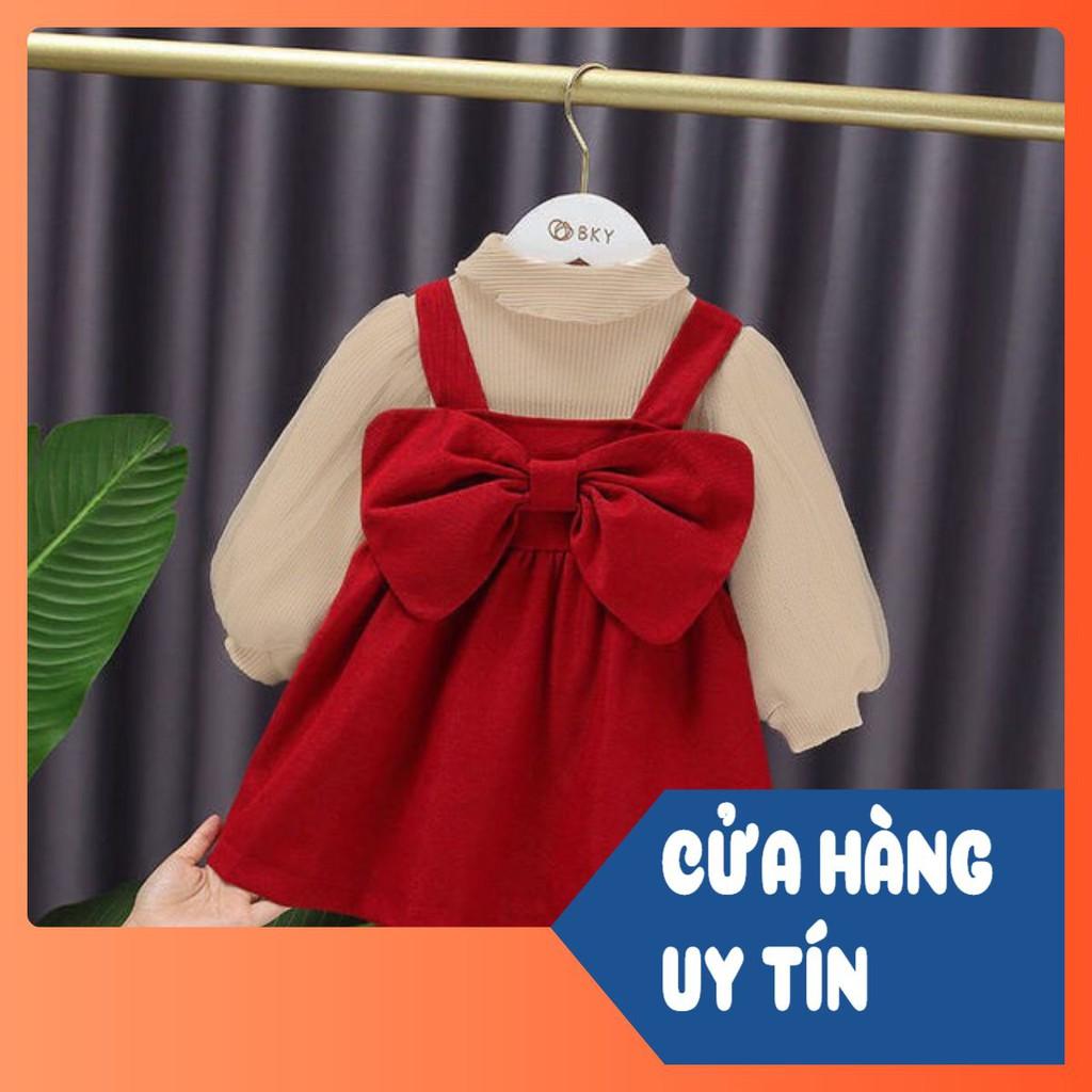 VÁY ĐỎ NƠ KÈM ÁO PULL BE BÉ GÁI