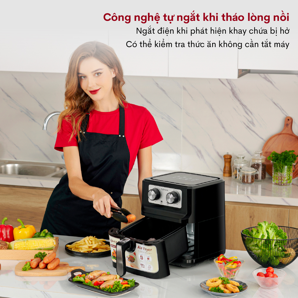 Nồi chiên không dầu 5 Lít nhập khẩu CN Nhật Bản Fujihome A5 tự ngắt, nồi chiên ko dầu cơ 5L, lòng nồi chống dính cao cấp tháo rời - Hàng Chính Hãng