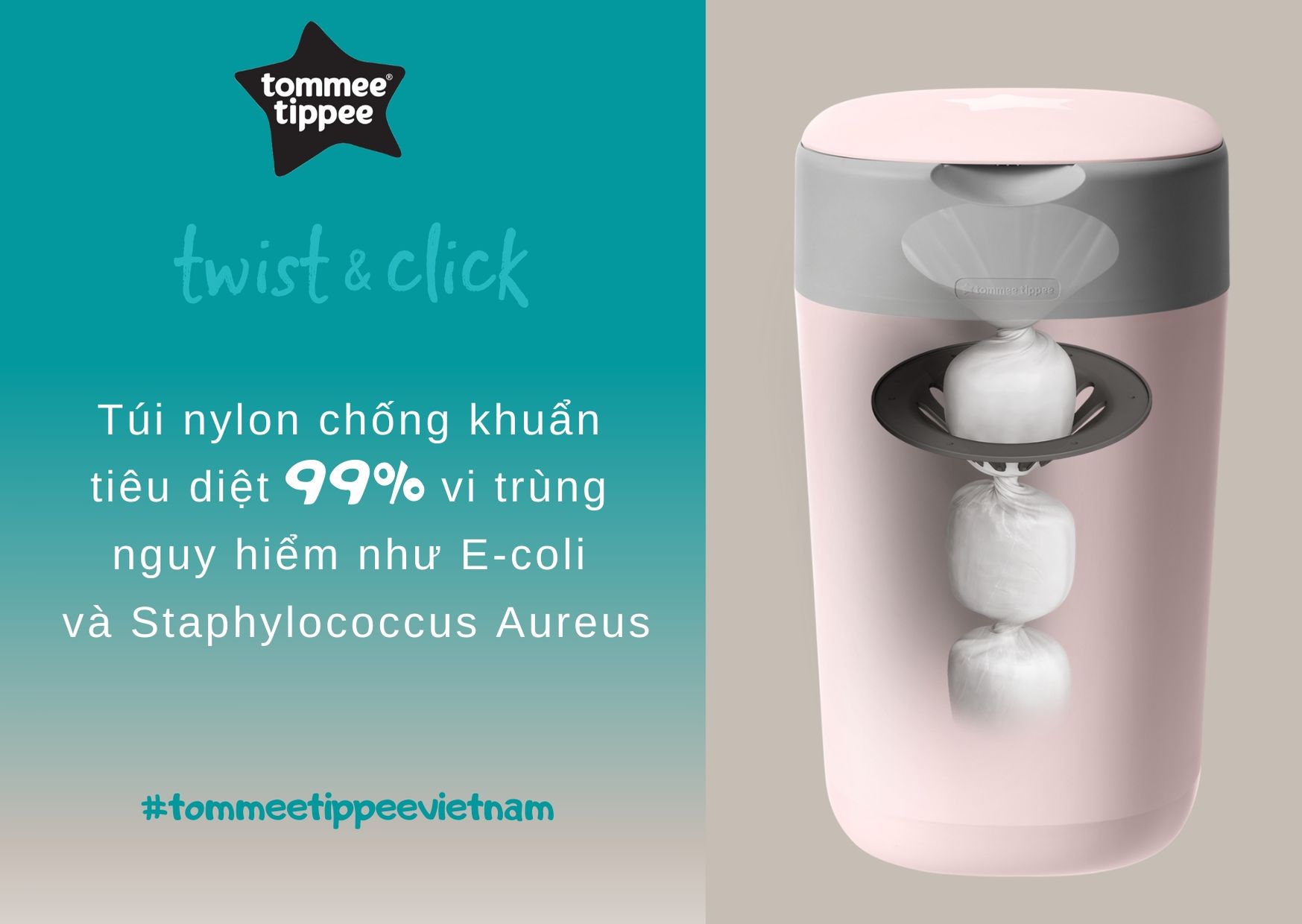 Thùng xử lý tã cho bé Tommee Tippee - Twist &amp; Click - Hồng