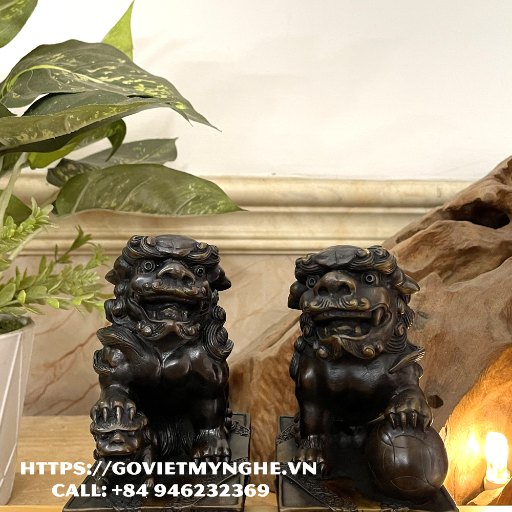 Tượng đá trang trí phong thủy bàn làm việc Cặp 2 tượng Kỳ Lân trang trí phong thủy - Chiều Cao 15cm - Màu nâu đen