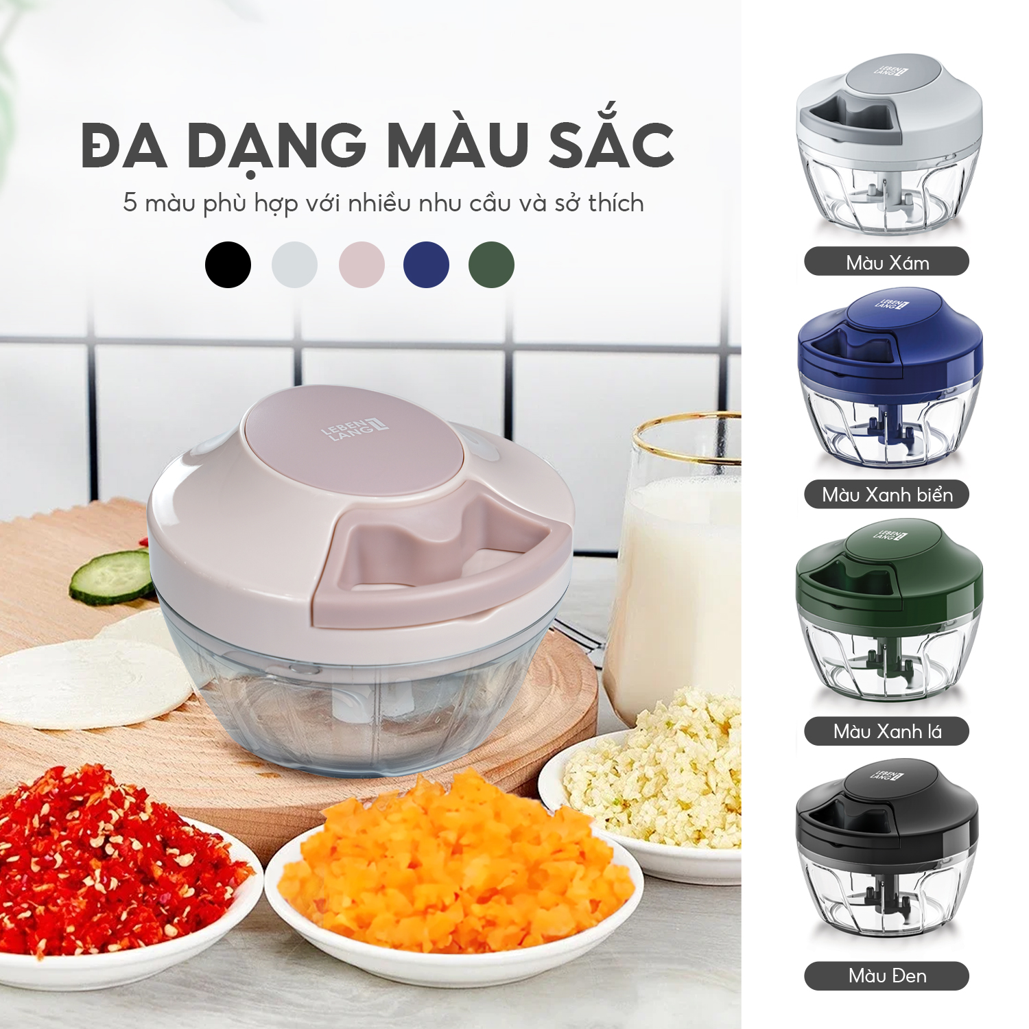 Dụng cụ xay tỏi ớt, thực phẩm Lebenlang LBL3939 lưỡi xay inox sắc bén, dây rút tiện lợi - hàng chính hãng