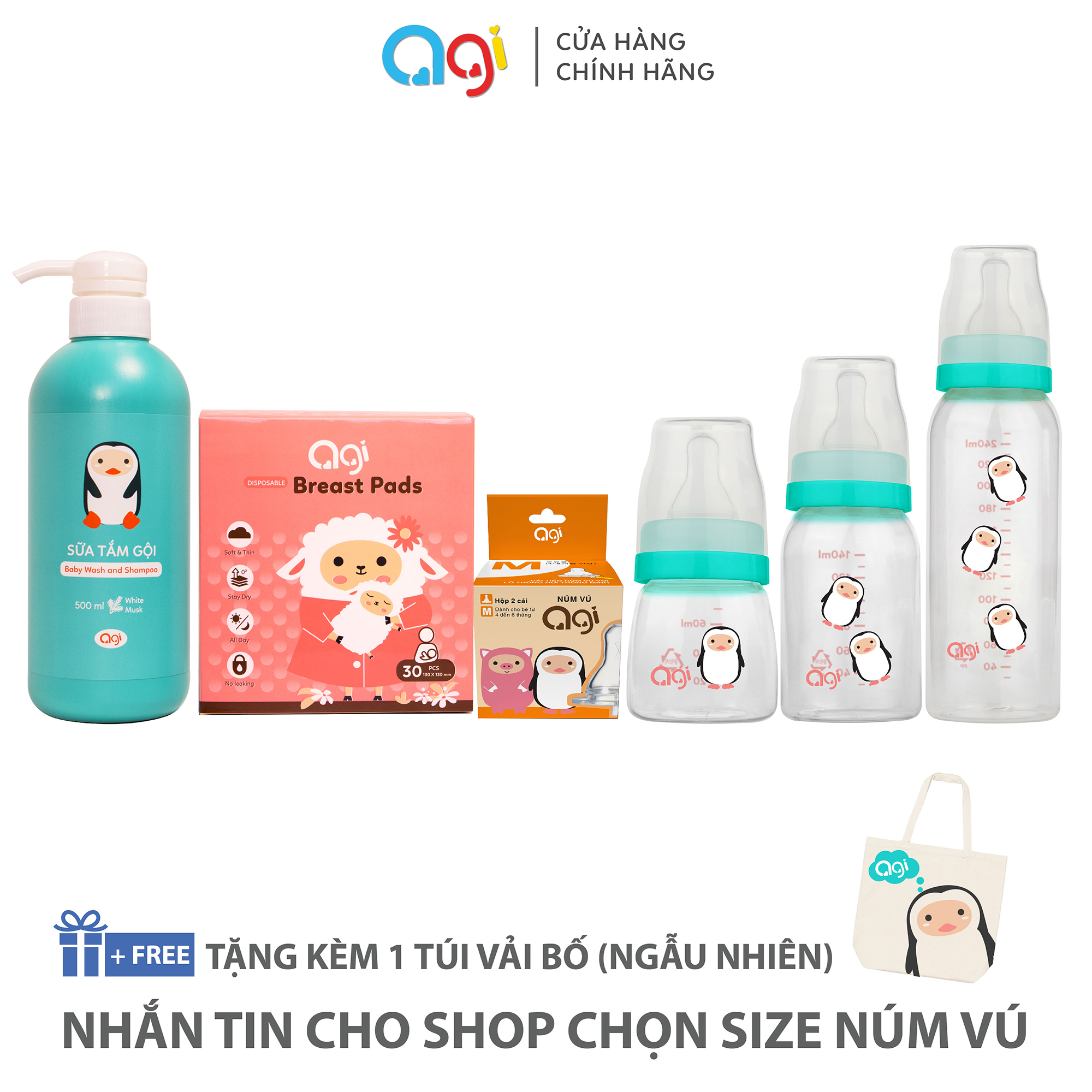 Combo 7 món đa dạng Agi ( Bình sữa, sữa tắm giao ngẫu nhiên, Núm vú nhắn tin cho shop để chọn size )