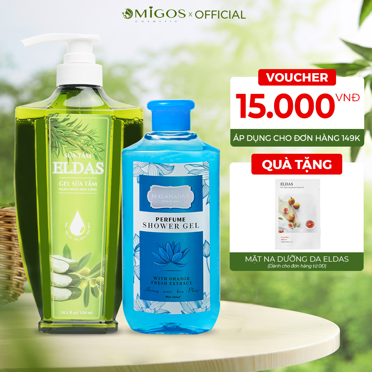 BỘ ĐÔI SỮA TẮM NGỪA MỤN LƯNG ELDAS 550ML VÀ SỮA TẮM NƯỚC HOA NHẬT BẢN MALANAONE LƯU HƯƠNG BỀN LÂU 6H 330ML