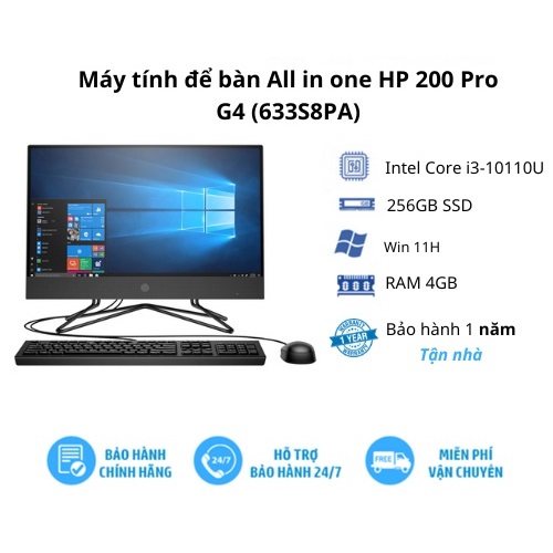 Máy tính All in One HP 200 Pro G4 AIO 633S8PA (Core i3-10110U | 4GB | 256GB | Intel UHD | 21.5 inch | Win 11 | Đen) - Hàng chính hãng
