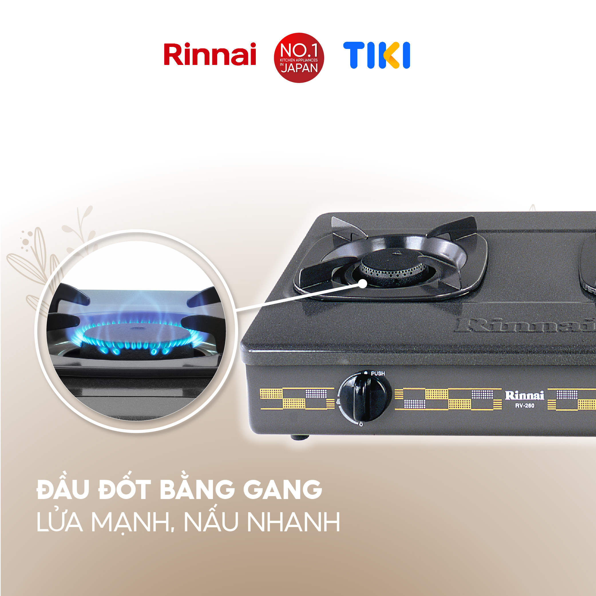 Bếp gas dương Rinnai RV-260(G)N mặt bếp men và kiềng bếp men - Hàng chính hãng