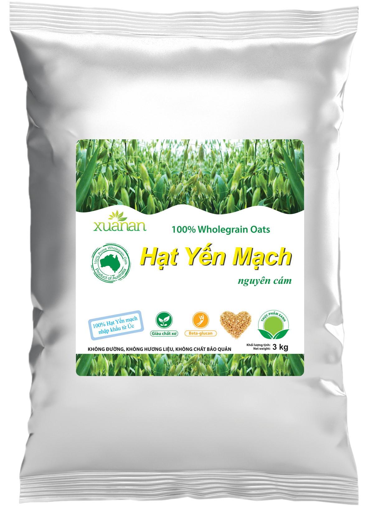 Hạt Yến Mạch Nguyên Cám Úc Xuân An [ko đường] Túi 3Kg (100% Australian Wholegrain Oats) (Giảm 25%)