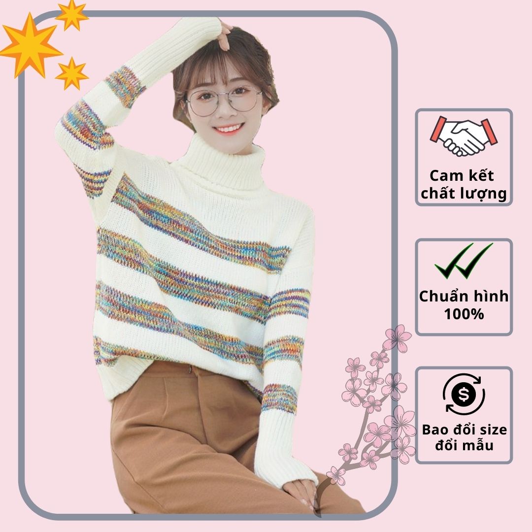 Áo len nữ cổ lọ sọc màu phom rộng kiểu Hàn siêu cute - DL41264