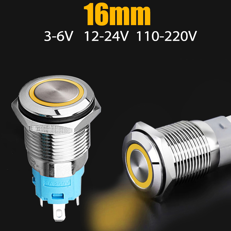 Công tắc nhấn giữ tự khóa 16mm 3-6V, 12-24V, 110-220V Loại có đèn, Chất liệu INOX không thấm nước