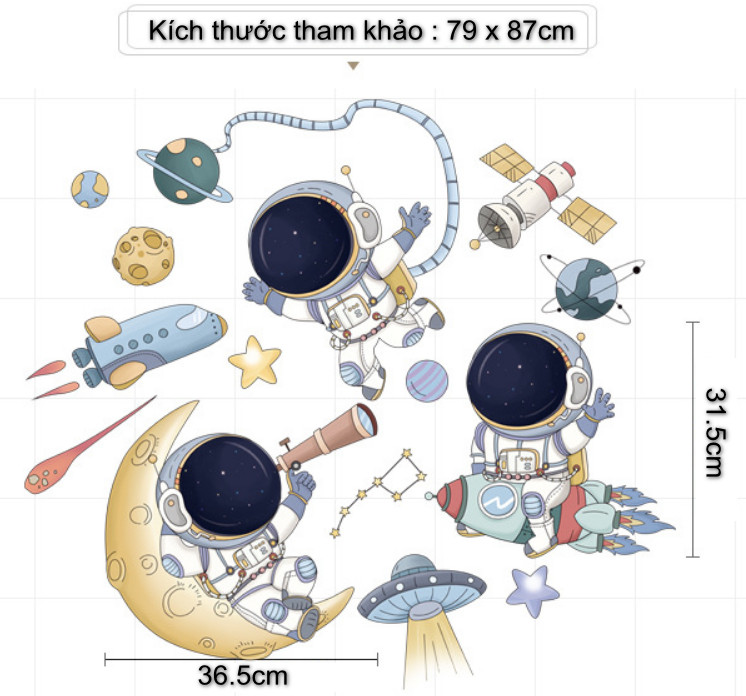 Decal trang trí tường - Du hành vũ trụ cùng 3 chú phi hành gia