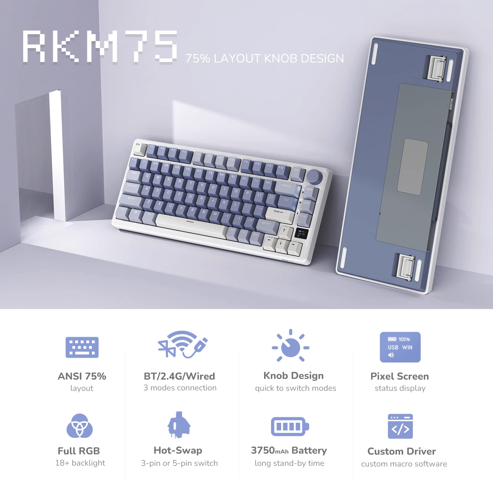 Bàn phím cơ không dây Hotswap RK ROYAL KLUDGE M75 - 3 mode kết nối - LED RGB nhiều chế độ - Có núm xoay và màn led - Hàng chính hãng