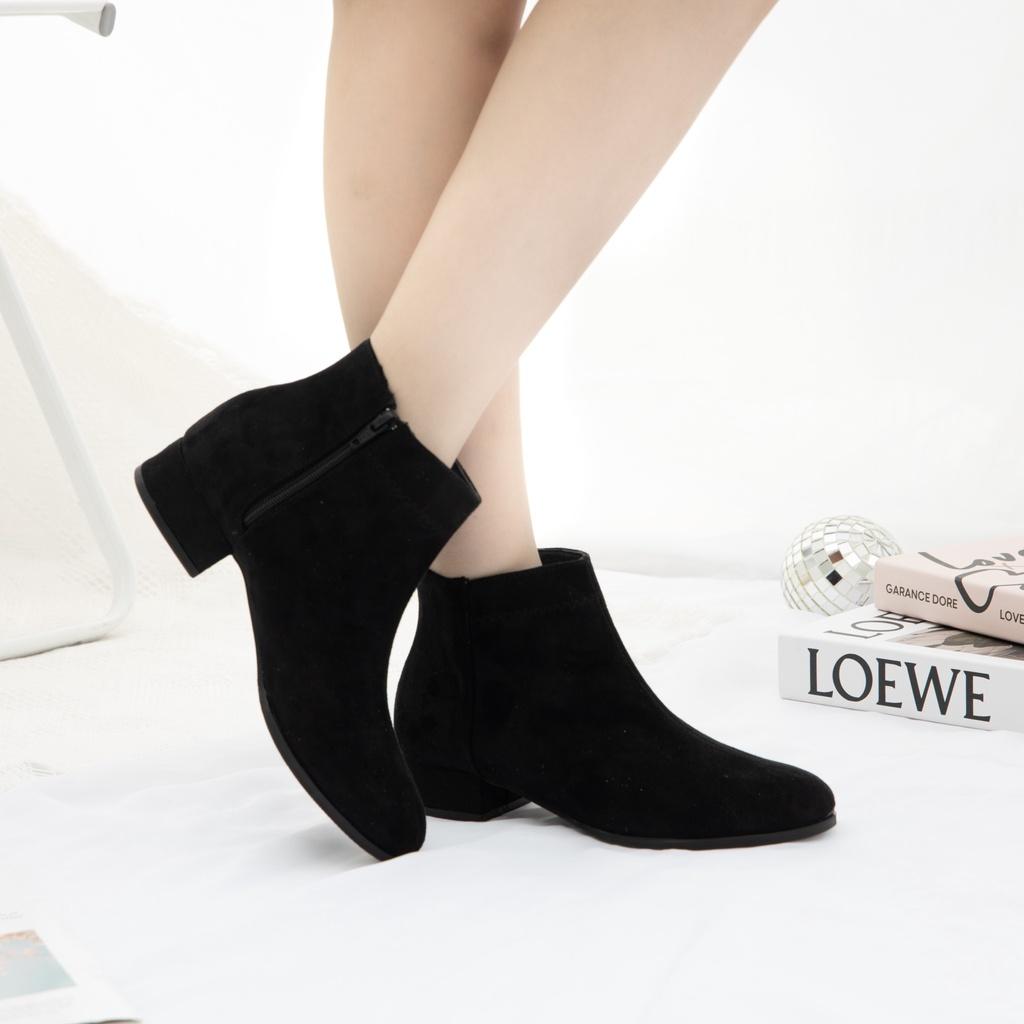 Giày Boots Nữ thời trang MWC Boots cổ thấp gót vuông 3p màu đen basic siêu HOT NUBO- 9104
