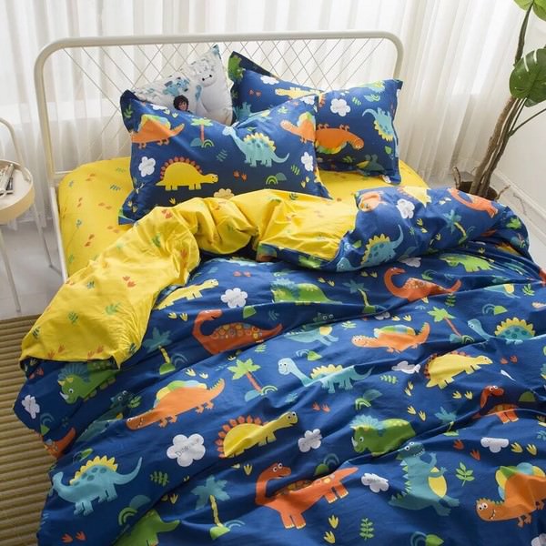 Bộ Chăn Ga Cao Cấp 4 Món Họa Tiết Khủng Long - Xanh
