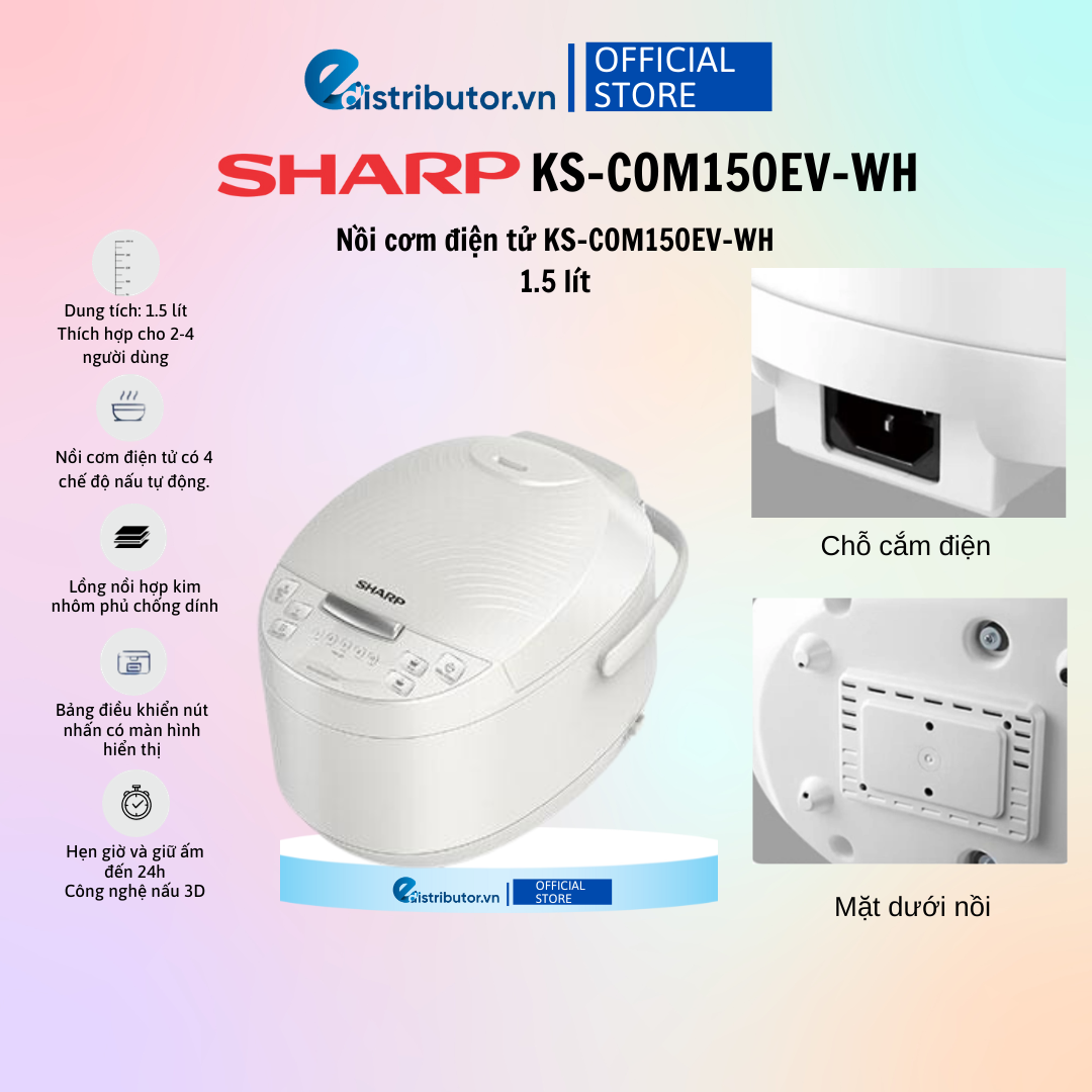 Nồi cơm điện tử Sharp KS-COM150EV-WH 1.5 lít - Hàng Chính Hãng - Bảo Hành 12 Tháng